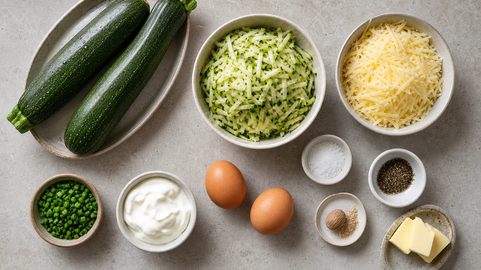 Ingredients for keto zucchini rosti: zucchini, eggs, grated hard cheese, butter, sour cream, chives, salt and nutmeg