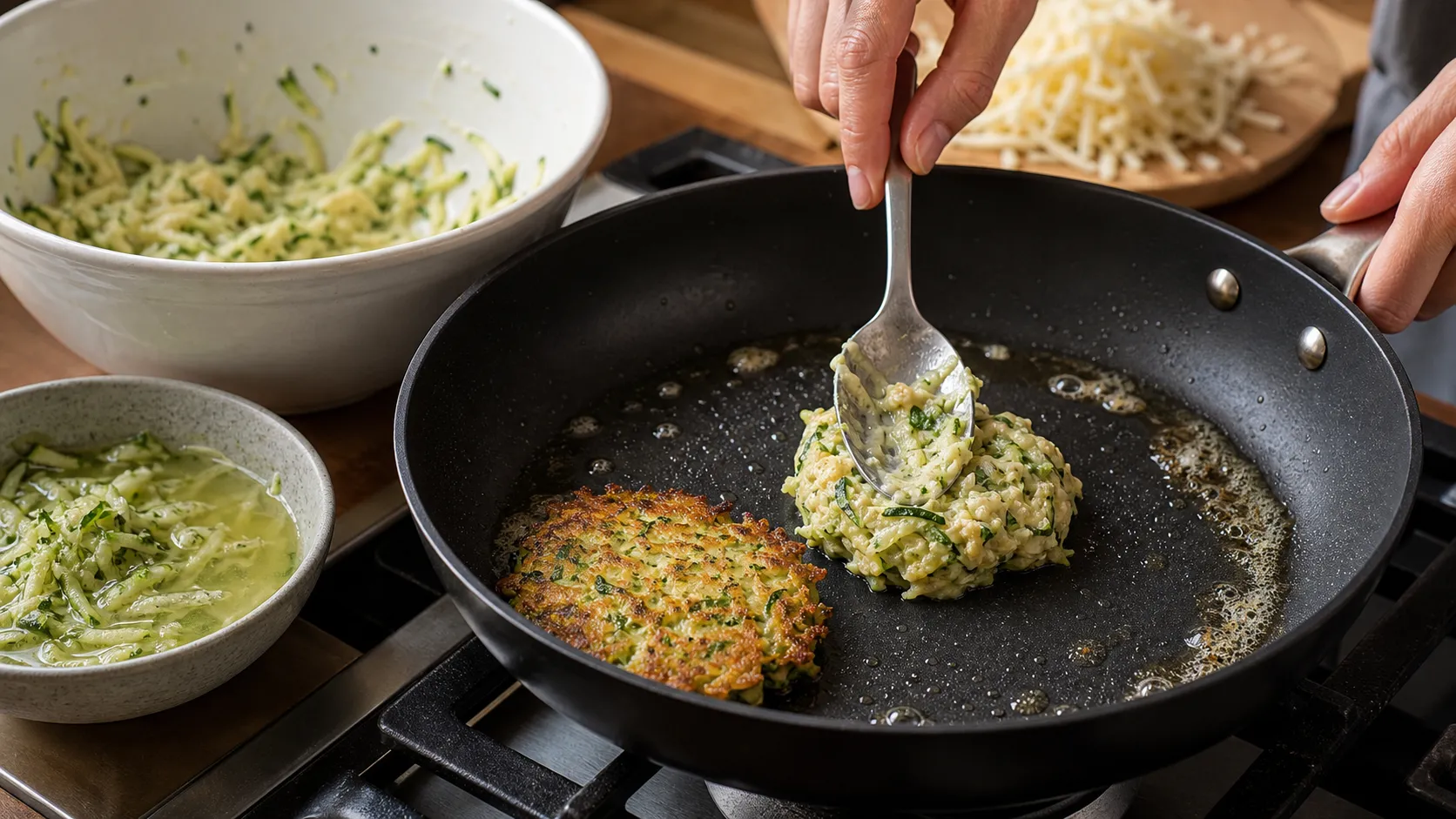 Zucchini-cheese mixture being fried in butter into small keto rosti in the pan