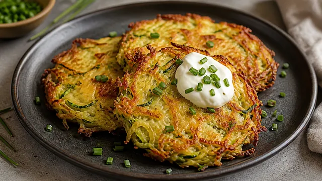 Golden-brown keto zucchini rosti with cheese, sour cream and chives served crispy
