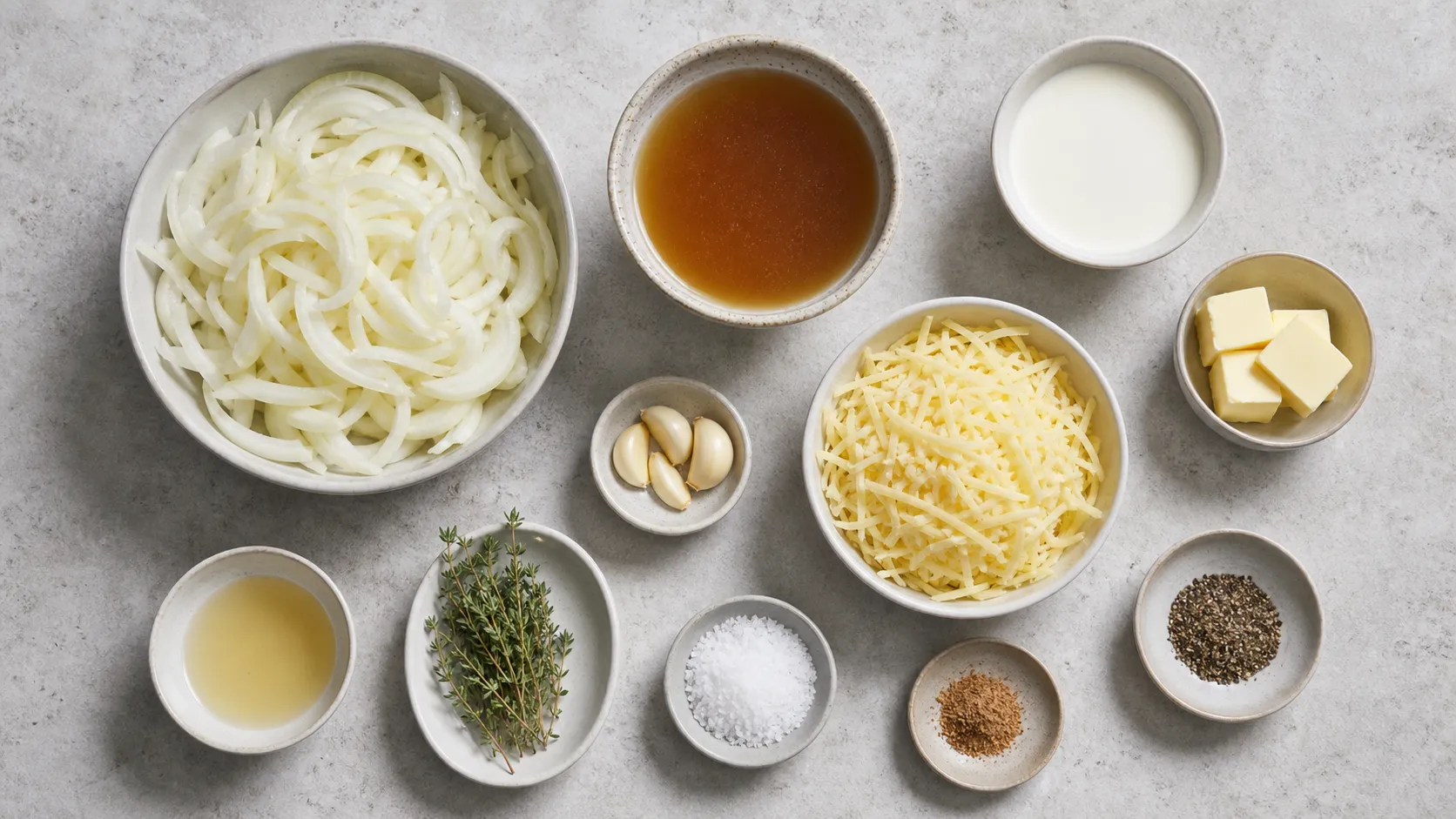 Ingredients for keto onion soup: onions, butter, beef stock, cream, gruyere, thyme and garlic