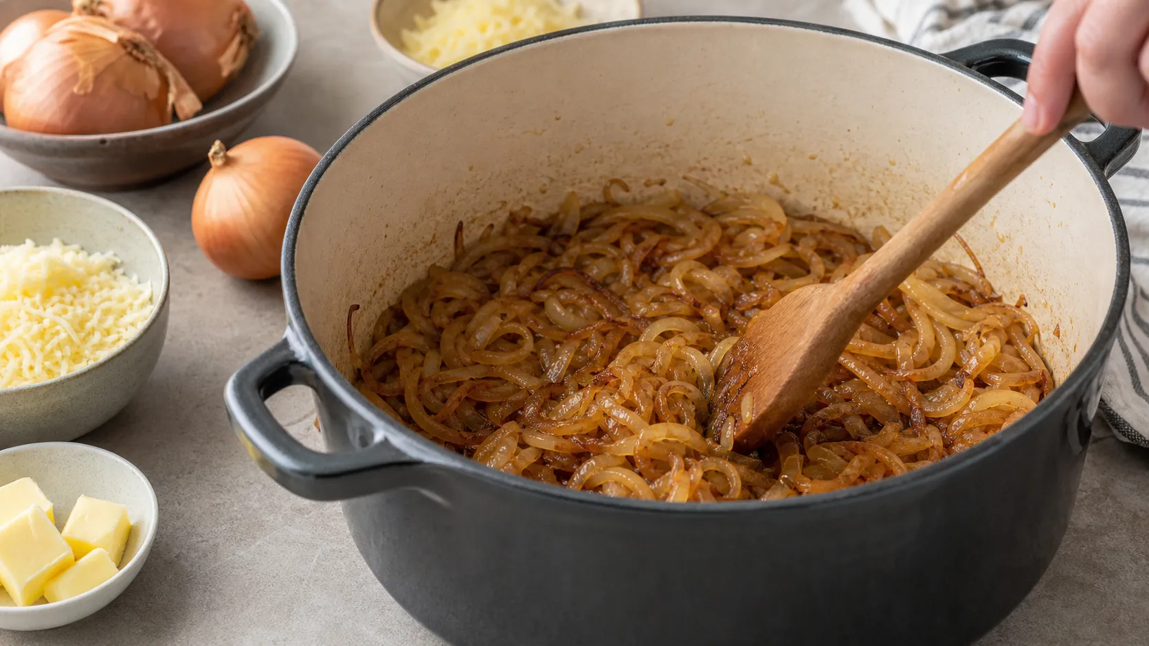 Onion rings caramelizing slowly in butter in a heavy pot