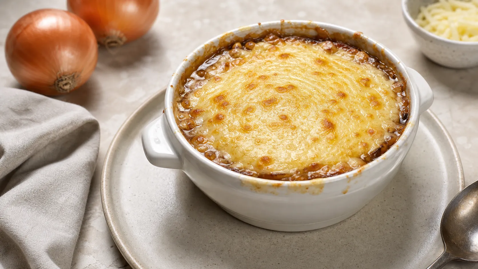 Keto onion soup in a baking dish with a golden brown gruyere crust instead of baguette