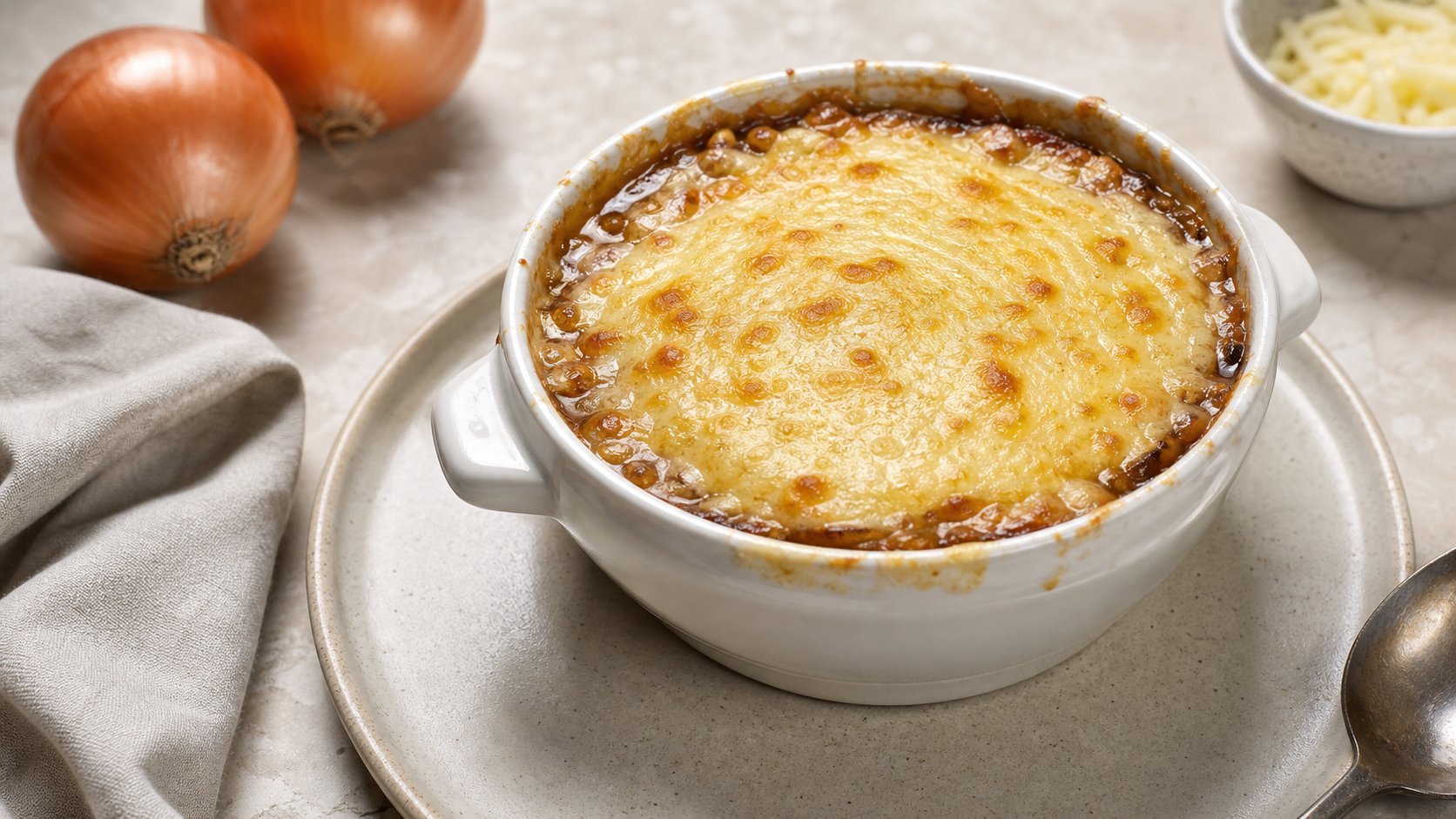 Keto onion soup in a baking dish with a golden brown gruyere crust instead of baguette