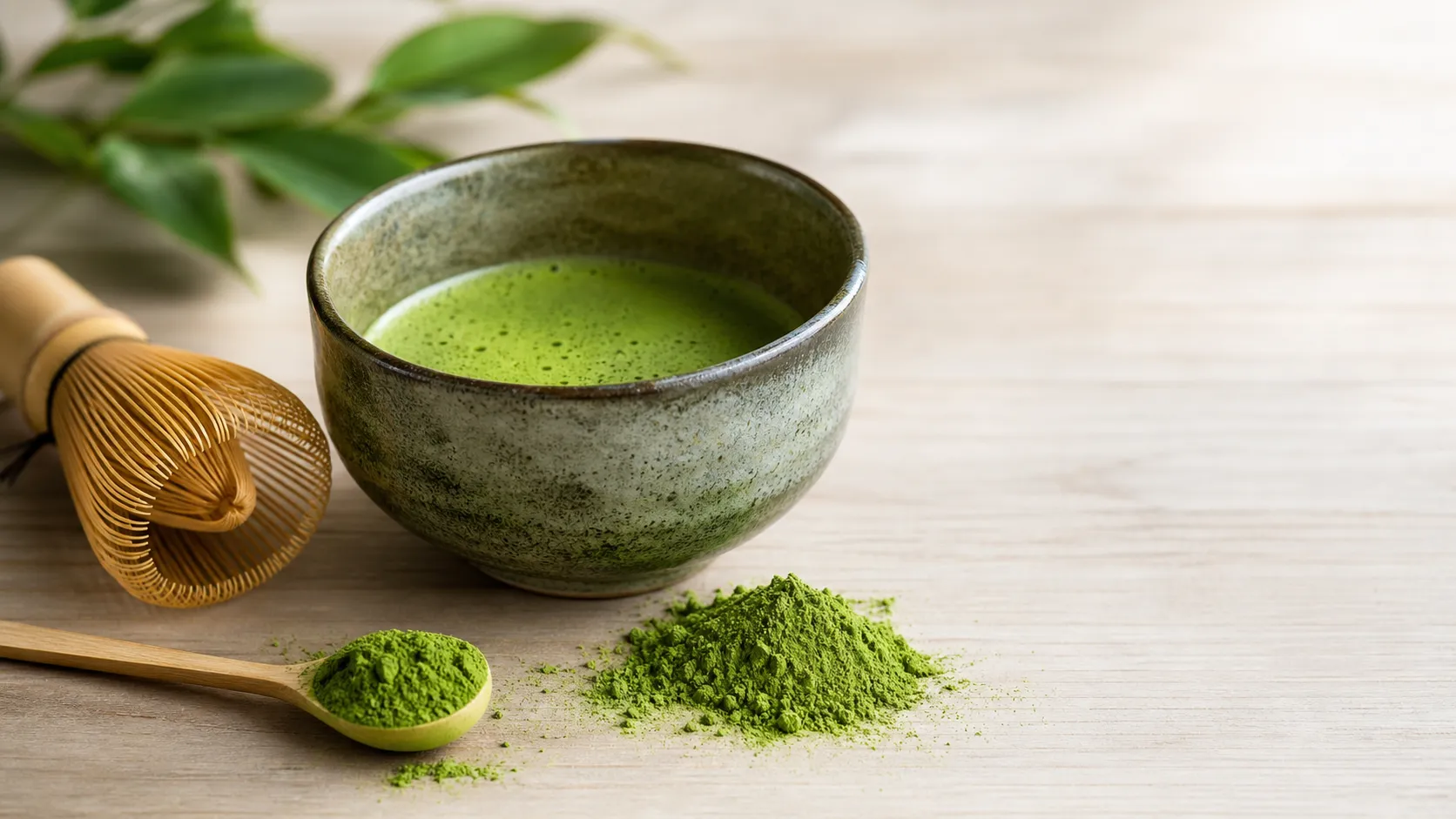 Keto food: matcha powder and matcha tea in a bowl
