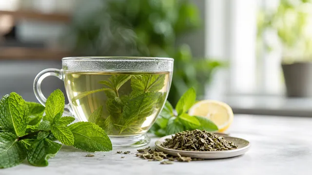 Keto food: peppermint tea with fresh mint leaves