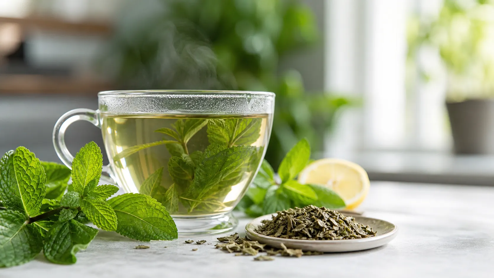 Keto food: peppermint tea with fresh mint leaves