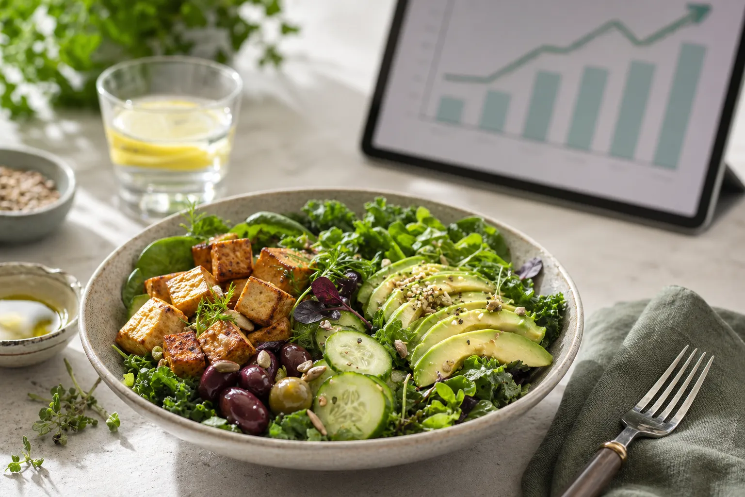 Plant-based keto bowl with avocado, greens, tomatoes, tofu-style ingredients, and a rising market chart