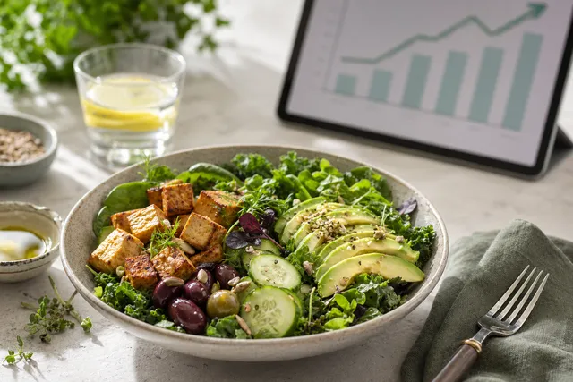 Plant-based keto bowl with avocado, greens, tomatoes, tofu-style ingredients, and a rising market chart