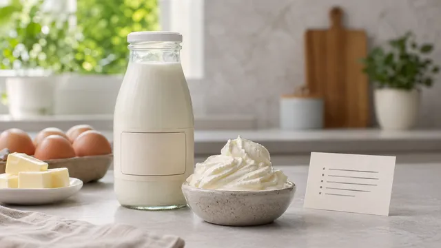 Glass bottle of cream, bowl of whipped cream, butter and eggs on a bright kitchen countertop
