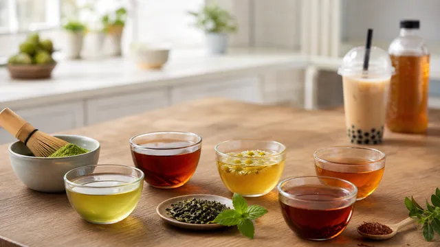 Various teas in glass bowls on a wooden table: green tea, black tea, herbal tea, and matcha