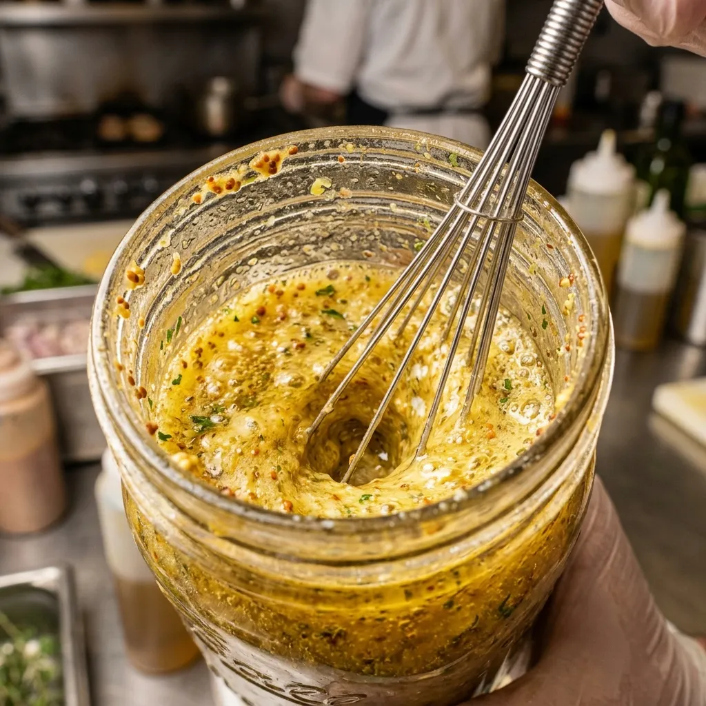 Close-up: Dijon mustard emulsifying a golden vinaigrette in a glass